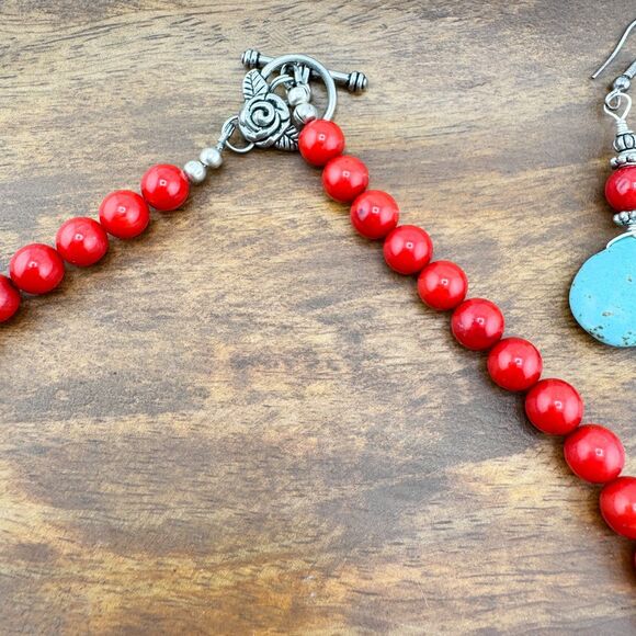 Turquoise & Red Coral Beaded Necklace Set Teardrop Toggle Earrings Southwestern - Picture 15 of 16
